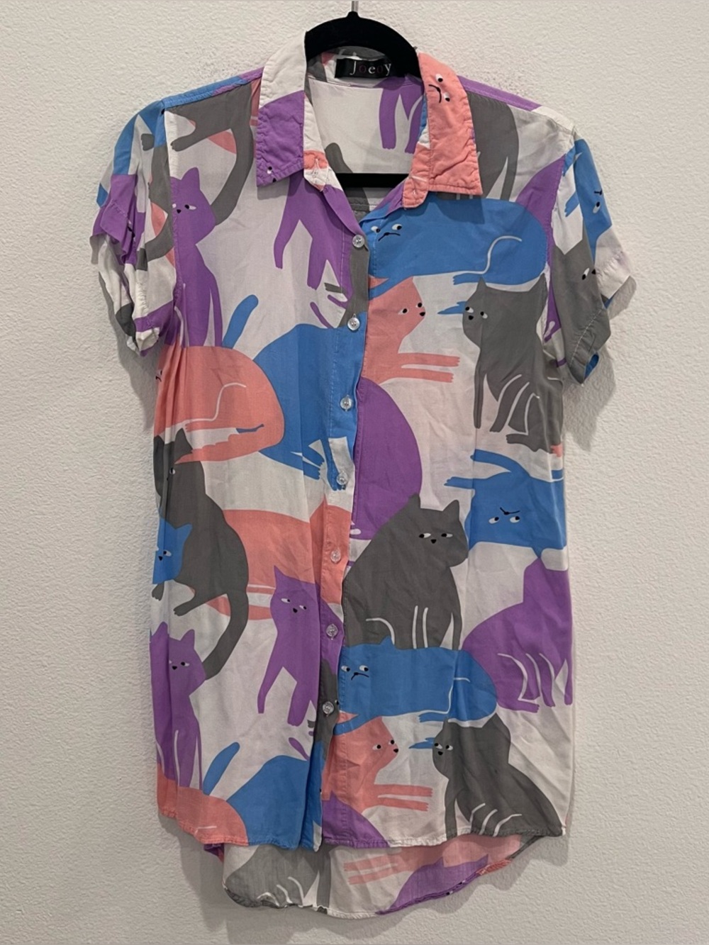 Pastel Cat Print Short Sleeve Collared Button Down Tunic/Shirt  Sz. M